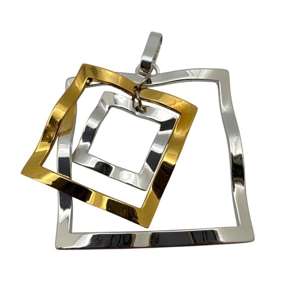 Vintage 90s Two-Tone Nested Square Pendant Silver Gold Modern Geometric Design - Picture 2 of 7